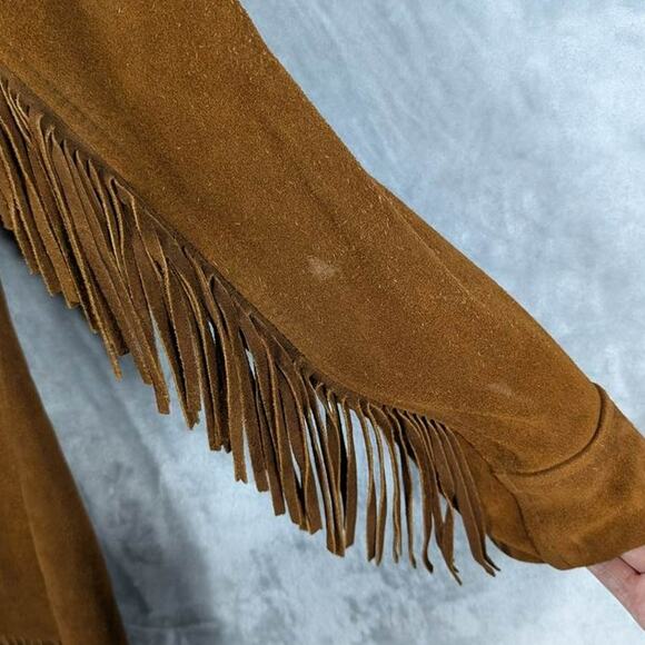 Vtg Suede Leather Jacket Womens Medium Tan Fringe Button Nylon Lining Western - Picture 14 of 15